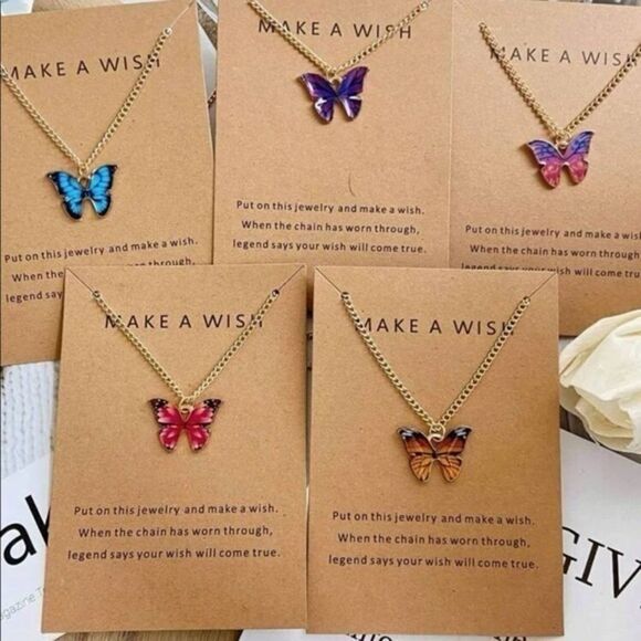 “Make a Wish” Butterfly Inspirational Quote Card Necklace Gold Plated New in box - Picture 5 of 6